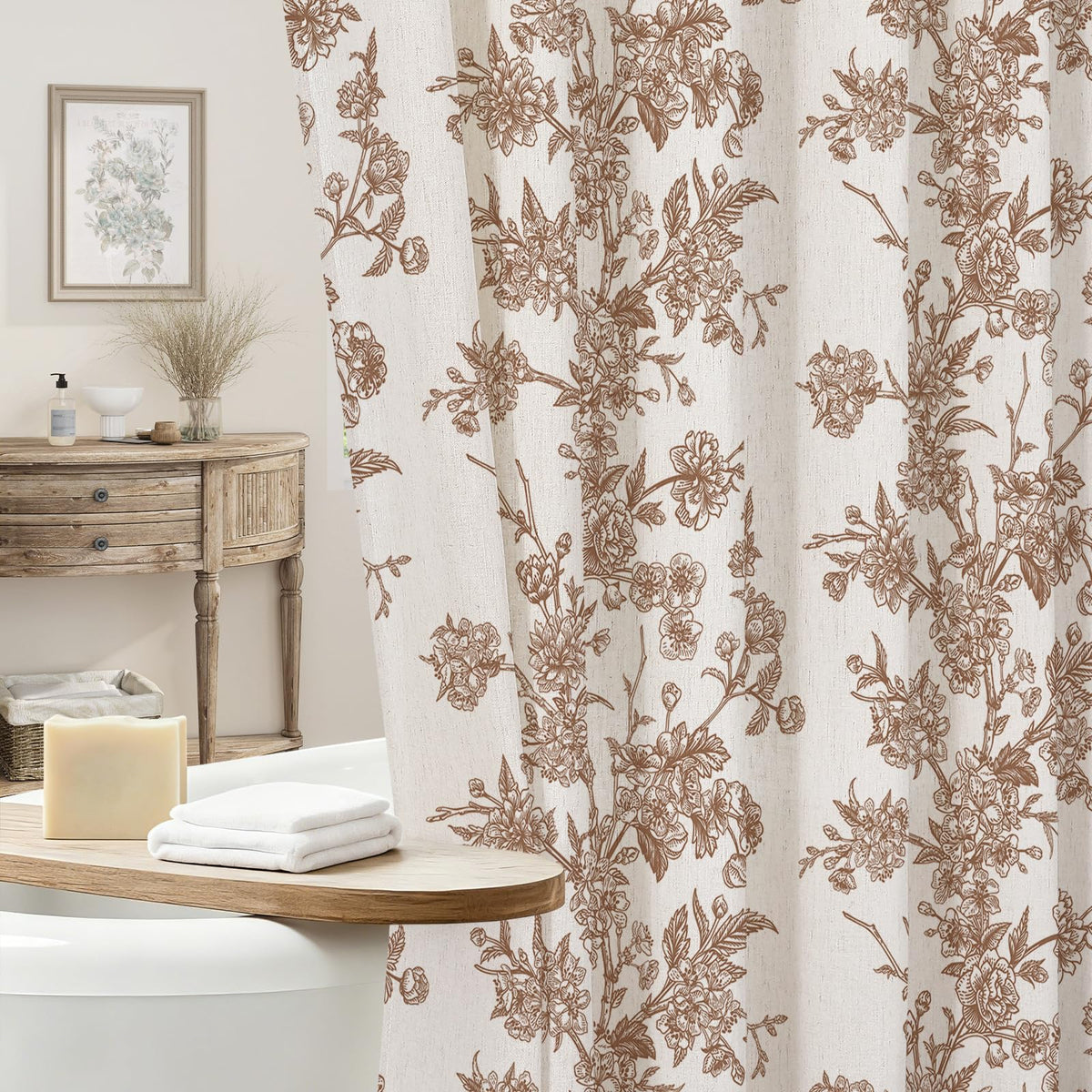 Sage Linen Farmhouse Shower Curtain, Vintage Boho Floral 72x72