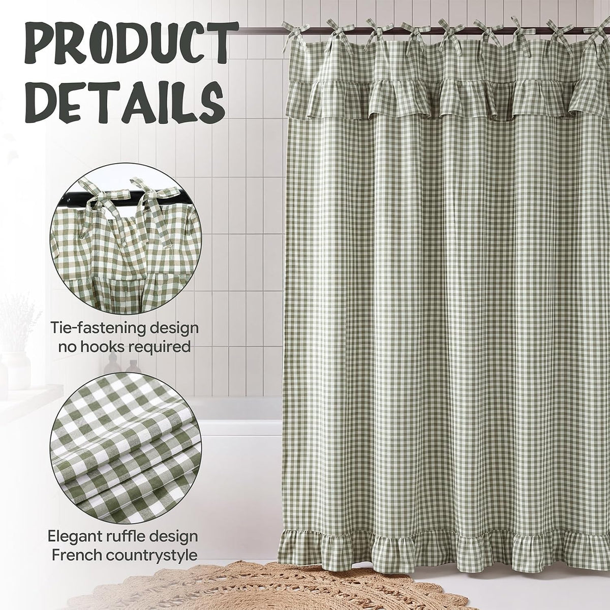 Sage Green Gingham Ruffle Shower Curtain 72x72 Cotton Fabric