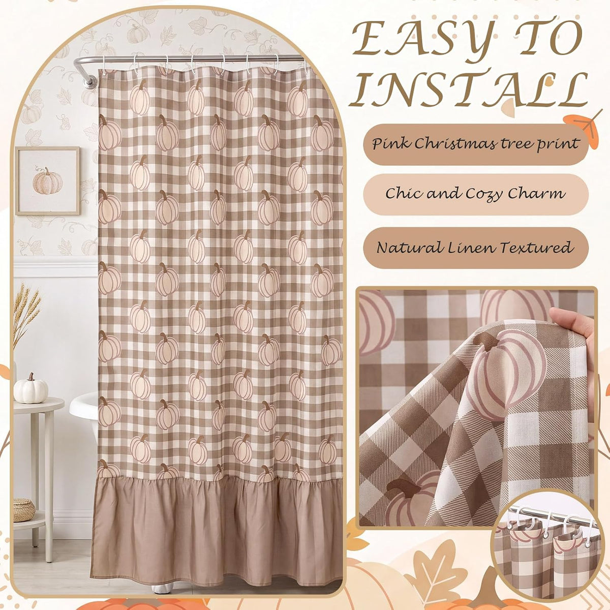Irenare Fall Pumpkin Shower Curtain, Beige Ruffle Gingham Bathroom Decor
