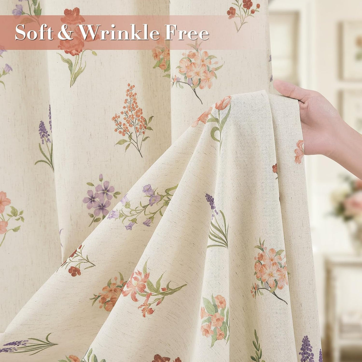 Floral Linen Shower Curtain, Spring Vintage Farmhouse Style, 72x72