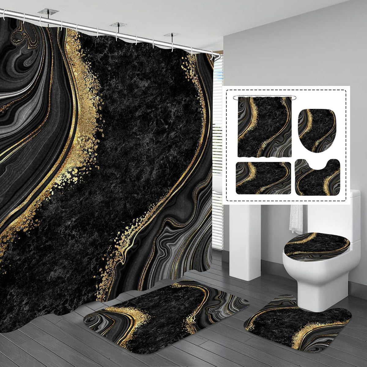 Gibelle 4 Pcs Luxury Marble Shower Curtain Set with Non-Slip Rugs, Toilet Lid Cover and Bath Mat, Black Gold Bathroom Decor Set with Shower Curtain and Rugs and Accessories