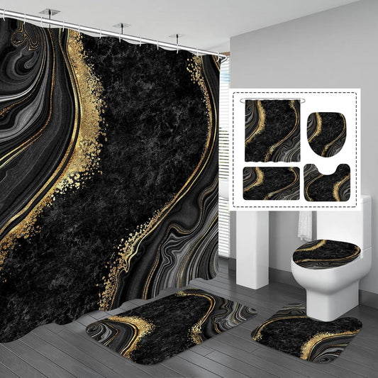 Gibelle 4 Pcs Luxury Marble Shower Curtain Set with Non-Slip Rugs, Toilet Lid Cover and Bath Mat, Black Gold Bathroom Decor Set with Shower Curtain and Rugs and Accessories
