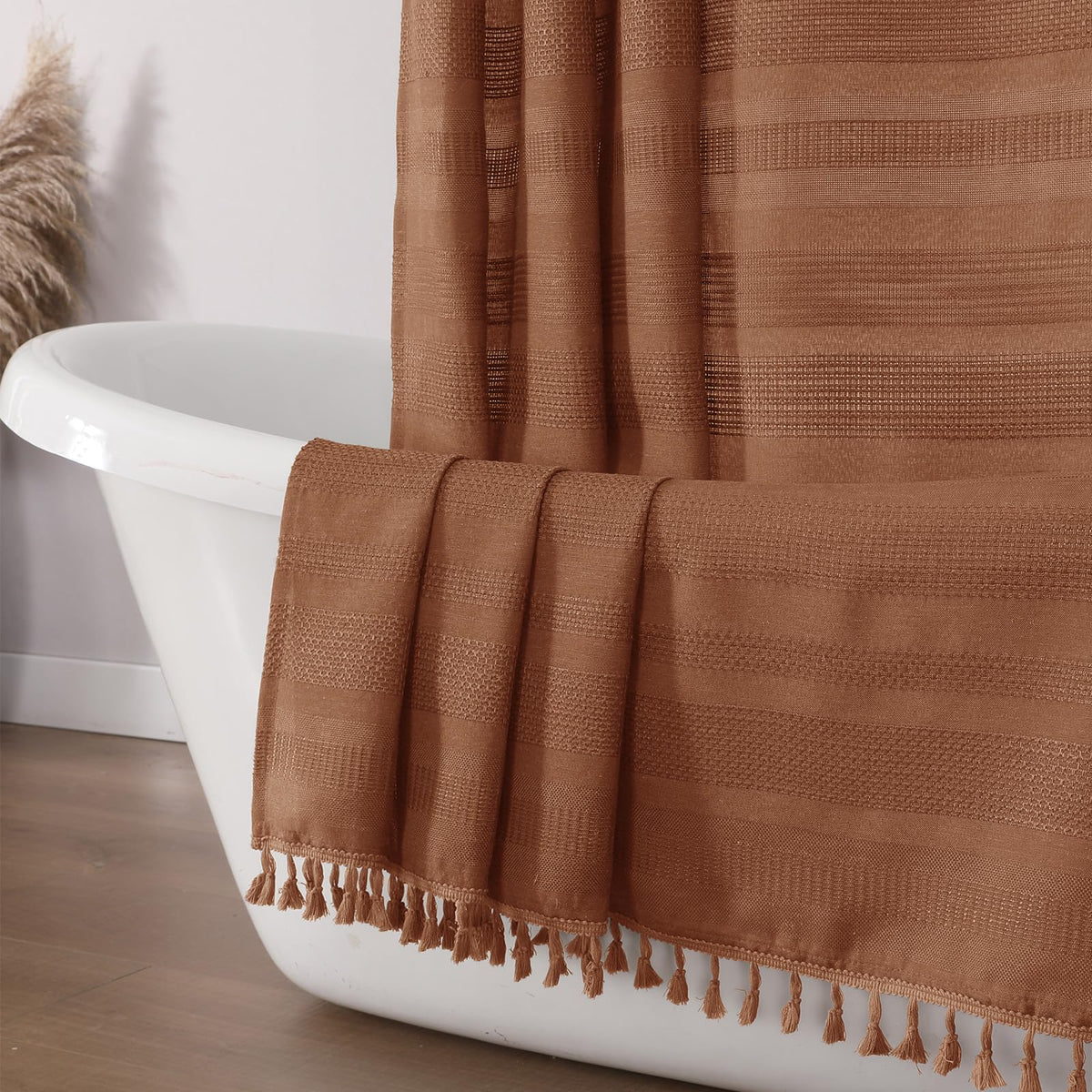 OVZME Extra Long Linen Shower Curtain - 84 Inch Long, Modern Farmhouse Heavy Duty Textured Soft Fabric, Rustic Country Boho Cloth Shower Curtain with Tassel for Bathroom Hotel, 72Wx84L Inches