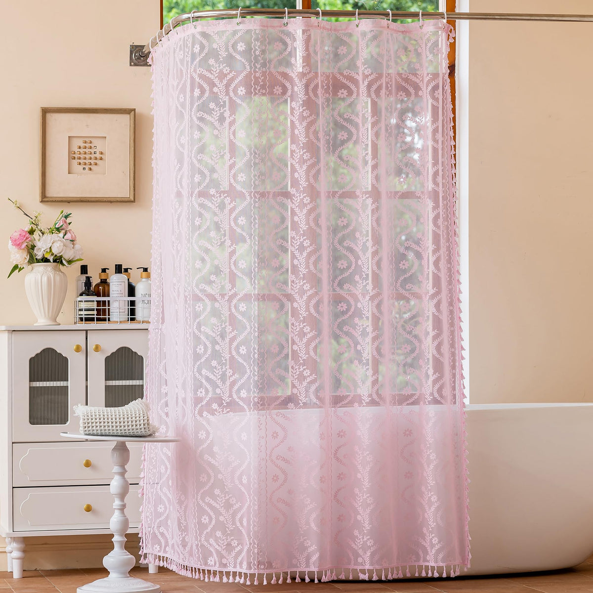 WAZZIO Terracotta Lace Shower Curtain for Bathroom 72" W x 84" L, Victorian Farmhouse Floral Pattern Tassel Fancy Shower Curtain Boho Washable Cloth Decorative Bath Curtains,1 Panel