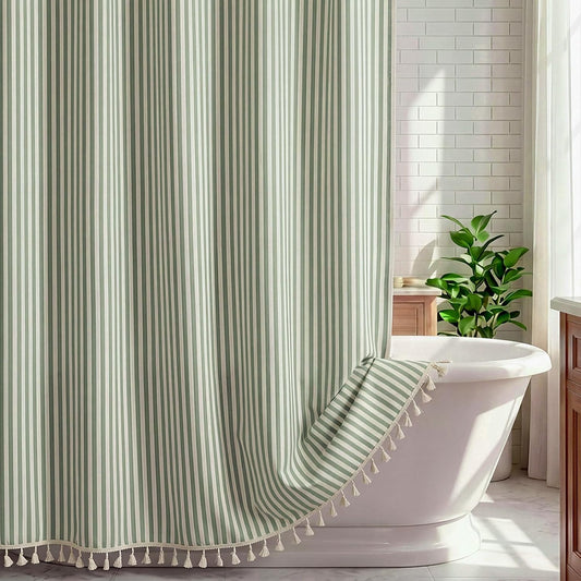 HunnmingRe Sage Green Farmhouse Striped Shower Curtain Tasseled 72x72 Inch