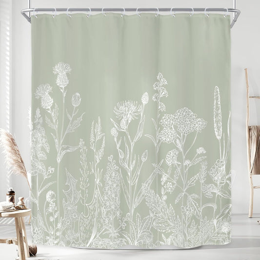 Sage Green Floral Wildflower Plant Herbs Nature Bathroom Shower Curtain Set
