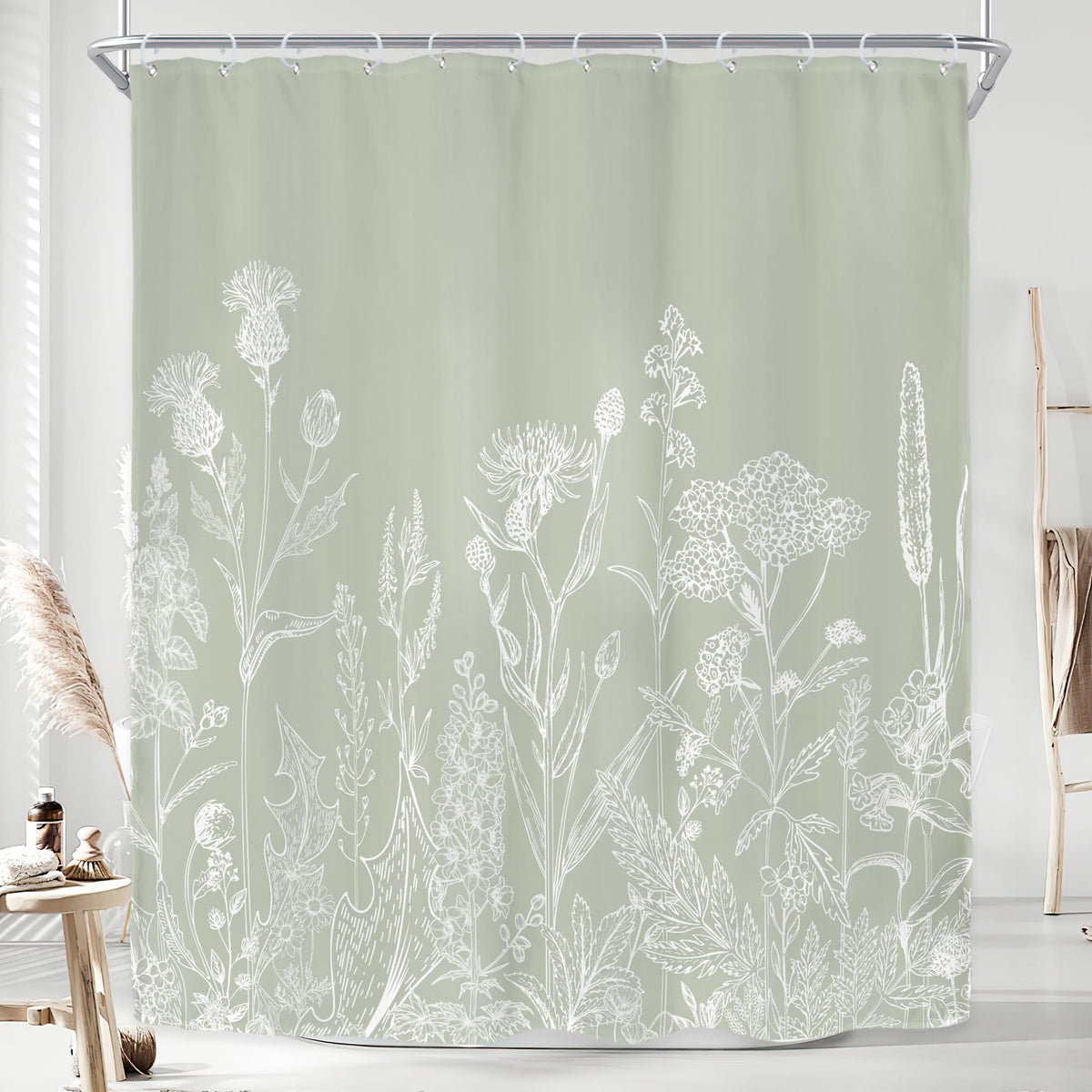 Sage Green Floral Wildflower Plant Herbs Nature Bathroom Shower Curtain Set