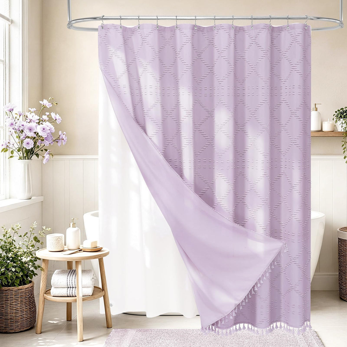Blue Boho Woven Fabric Shower Curtain with Tassel 72 x 72, Tufted Textured