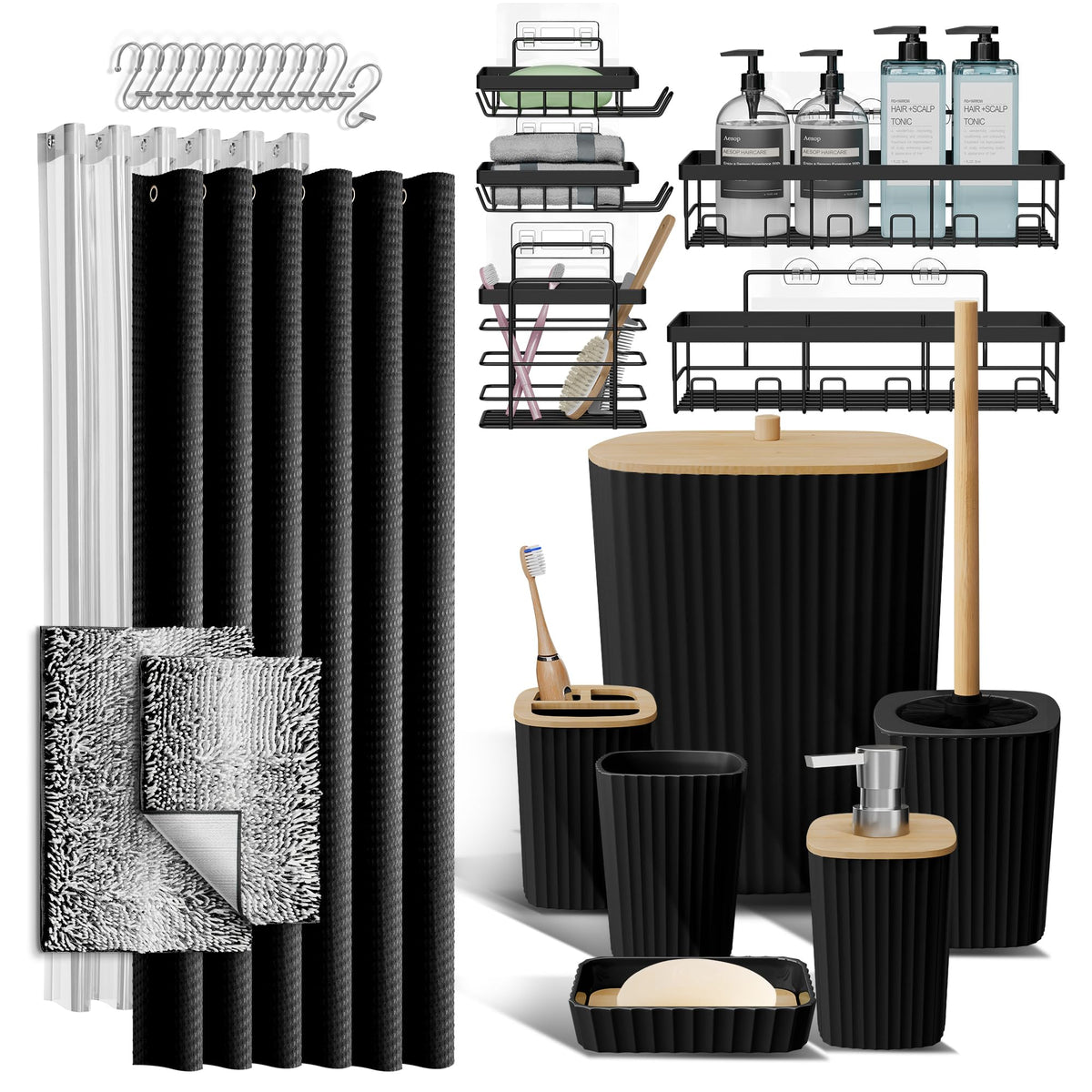 Clara Clark Black Bathroom Set, Shower Curtain Set, Bathroom Accessory Set