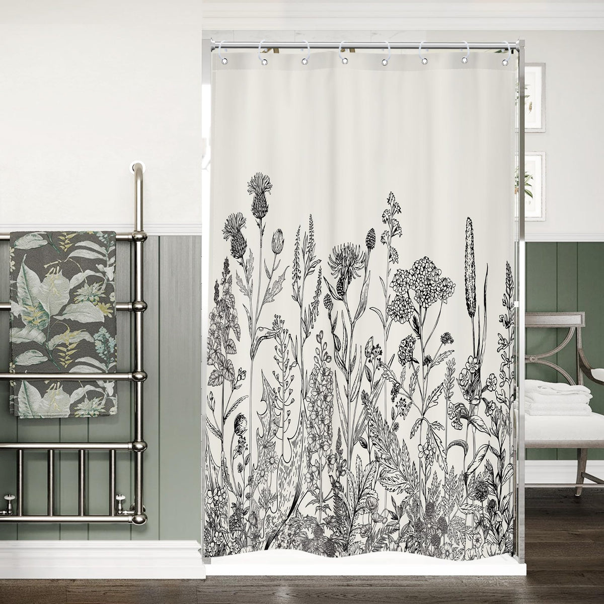 Sage Green Floral Wildflower Plant Herbs Nature Bathroom Shower Curtain Set