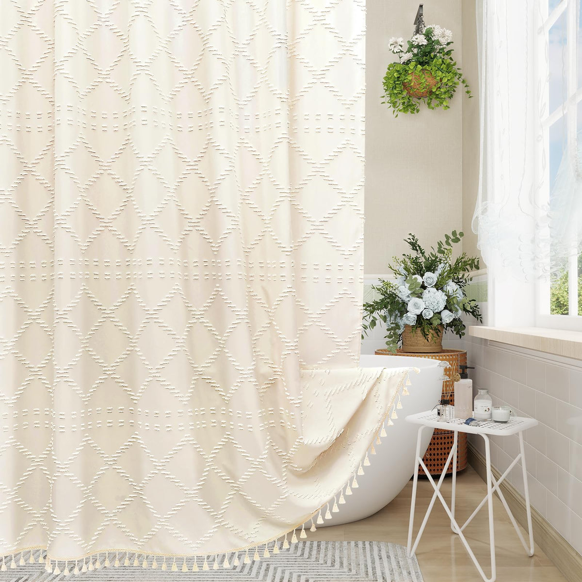 Blue Boho Woven Fabric Shower Curtain with Tassel 72 x 72, Tufted Textured