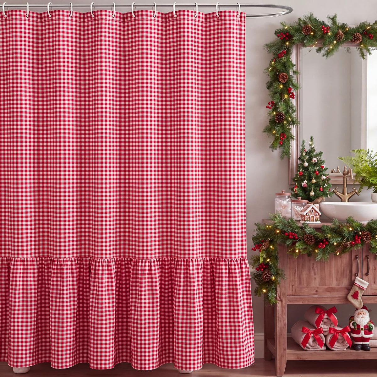 HunnmingRe Ruffle Hem Gingham Shower Curtain Sage Green
