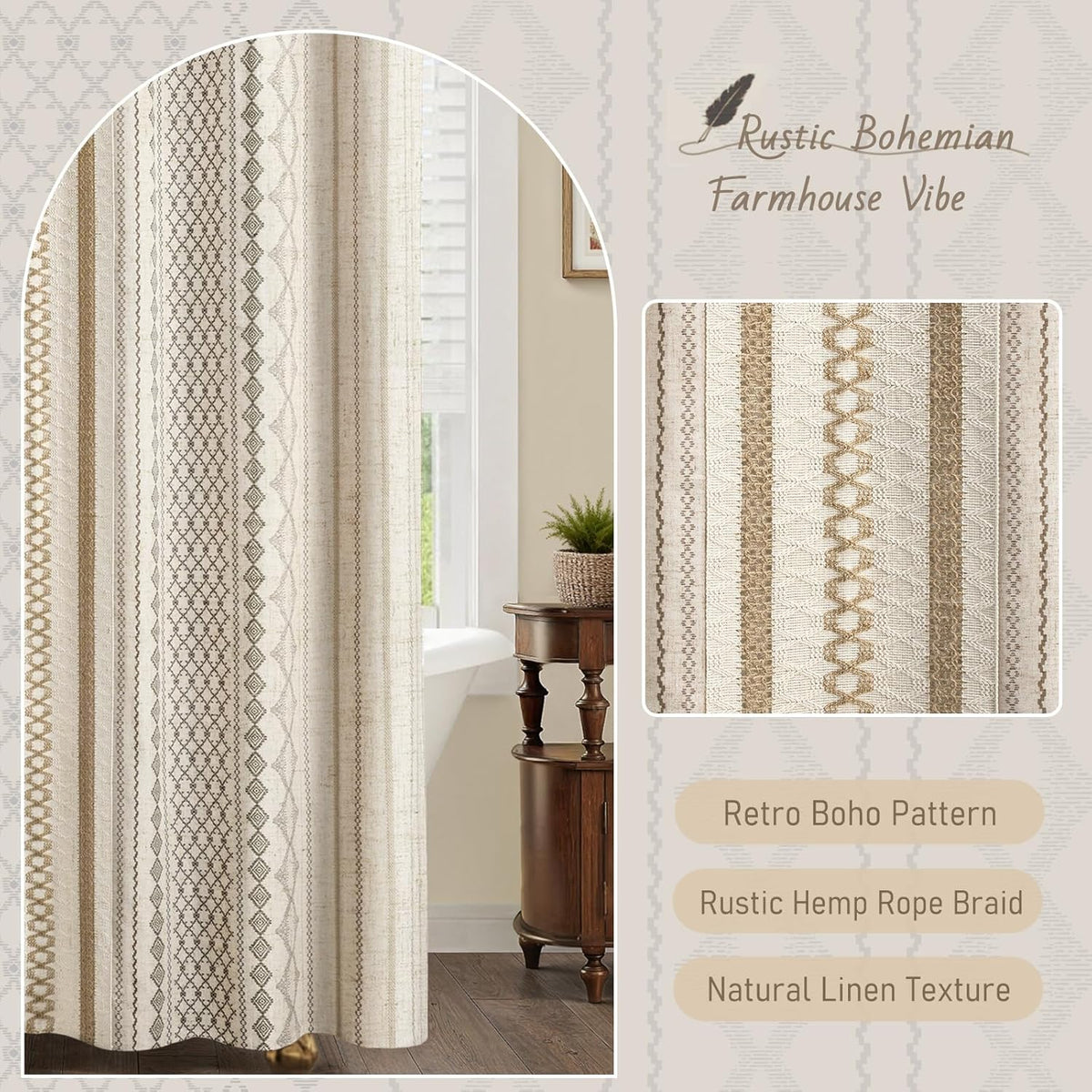 Natural Linen Boho Shower Curtain,72" W x 72" L