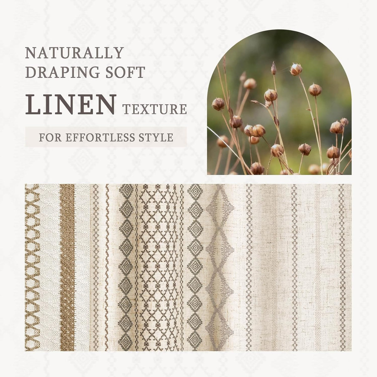 Natural Linen Boho Shower Curtain,72" W x 72" L