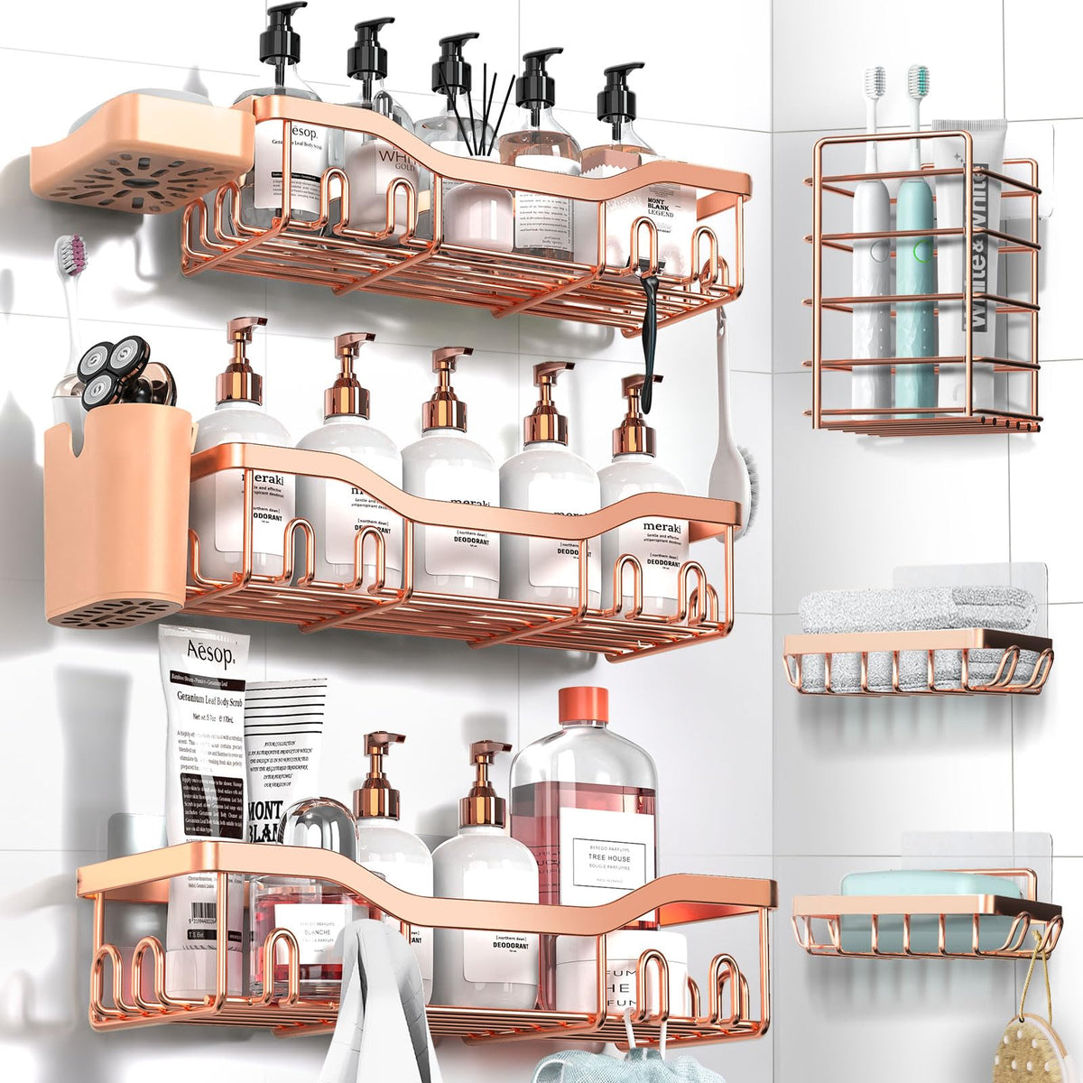 NESOMI Shower Caddy Adhesive Shower Organizer 7-Pack, Rustproof Stainless Steel Bathroom Shelves, Large Capacity No-Drill Rack Storage Accessories with Soap Dish Toothbrush Holder Hooks