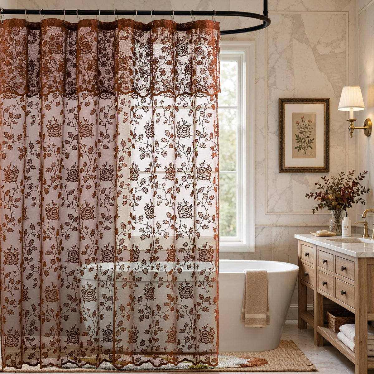Black Lace Shower Curtain with Attached Valance, 72 x 72 Inch, 1 Panel