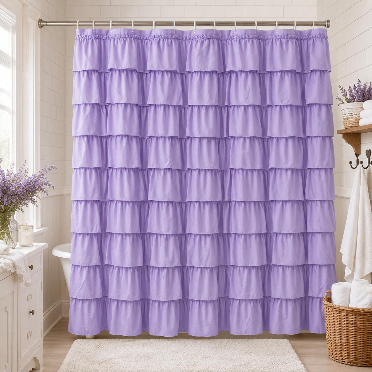 White Ruffle Shower Curtain for Bathroom,72 x 72 Inches, Farmhouse Style