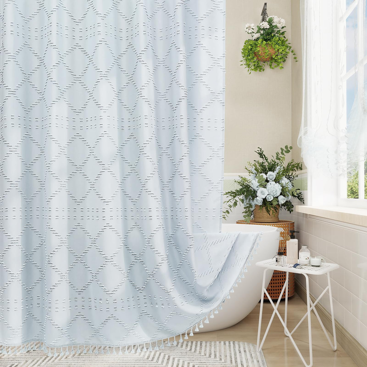 Blue Boho Woven Fabric Shower Curtain with Tassel 72 x 72, Tufted Textured