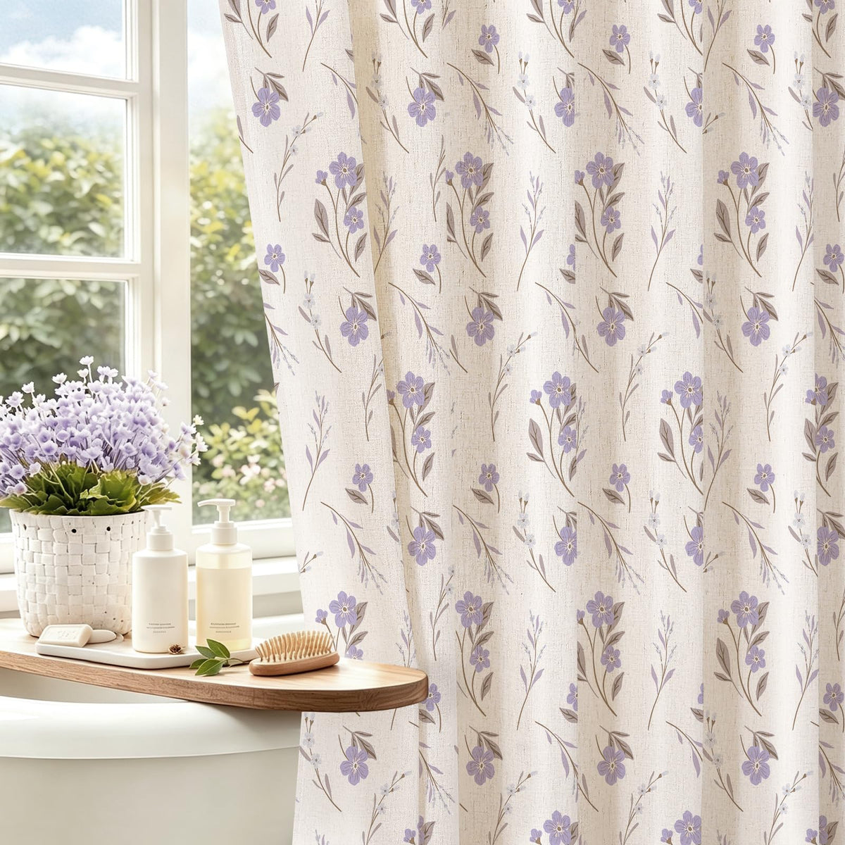 Blue Linen Farmhouse Shower Curtain, Vintage Boho Floral 72x72