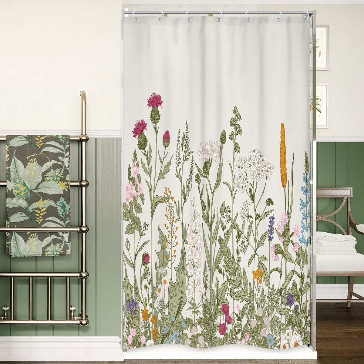 Sage Green Floral Wildflower Plant Herbs Nature Bathroom Shower Curtain Set