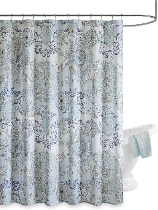 Madison Park Isla Shower Curtain for Bathroom, Cotton, 72 x 72, Blue