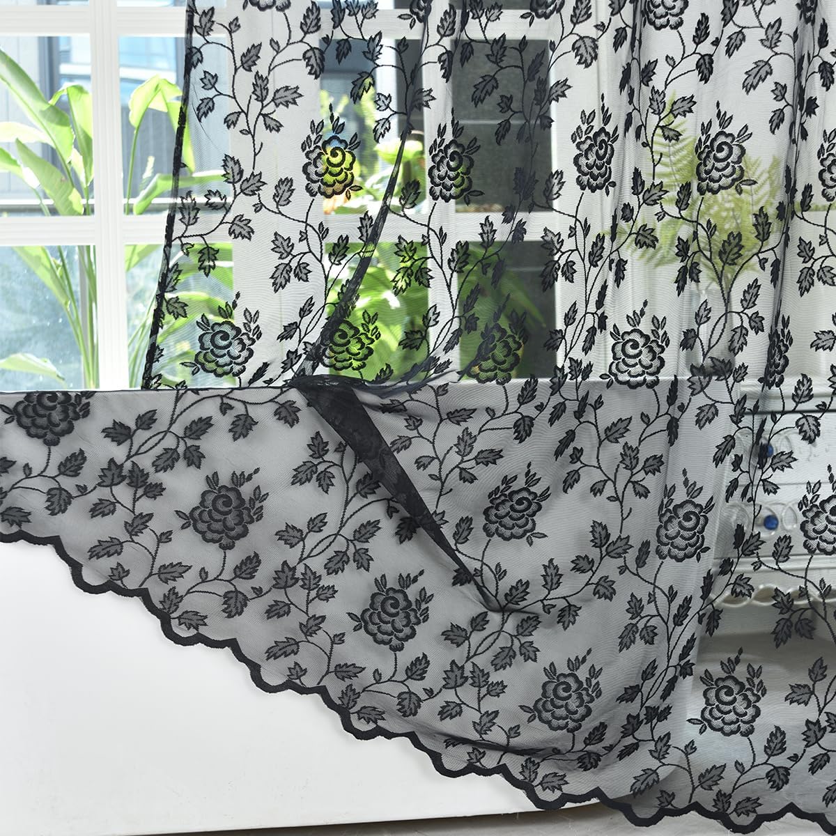 Black Lace Shower Curtain with Attached Valance, 72 x 72 Inch, 1 Panel