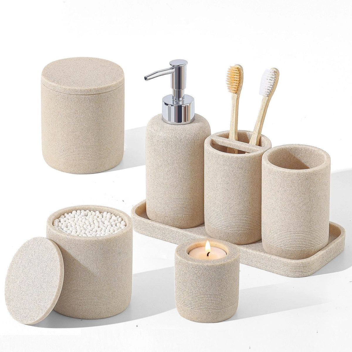 7 PCS Bathroom Accessories Set, Sandstone Look Bath Storage for Home Decor