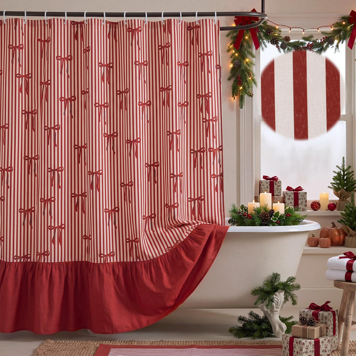 Irenare Fall Pumpkin Shower Curtain, Beige Ruffle Gingham Bathroom Decor