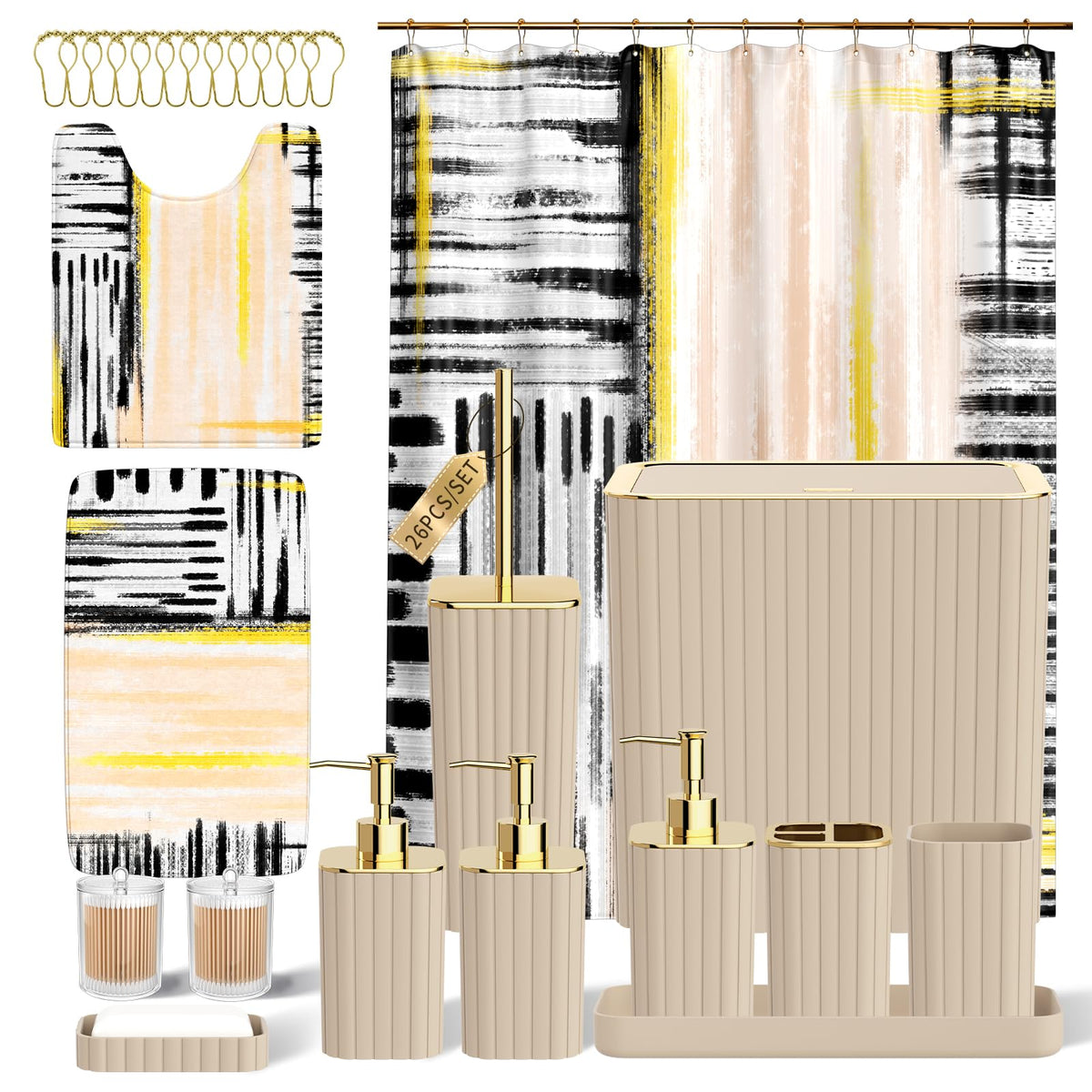Bathroom Sets with Shower Curtain and Rugs - Elegant Bathroom Set, 27PC Bathroom Accessories Set, Green Bathroom Set, Mini Trash Can, Toilet Brush, Trash Can & Soap Dispenser