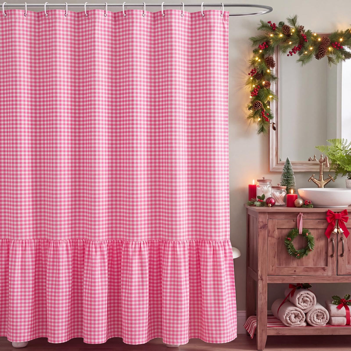 HunnmingRe Ruffle Hem Gingham Shower Curtain Sage Green