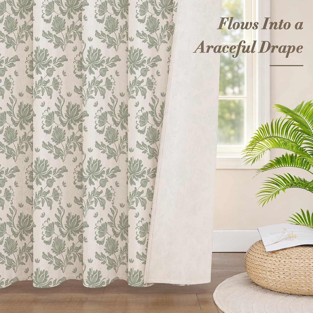 MitoVilla Sage Linen Farmhouse Shower Curtain, Vintage Boho Floral 72x72