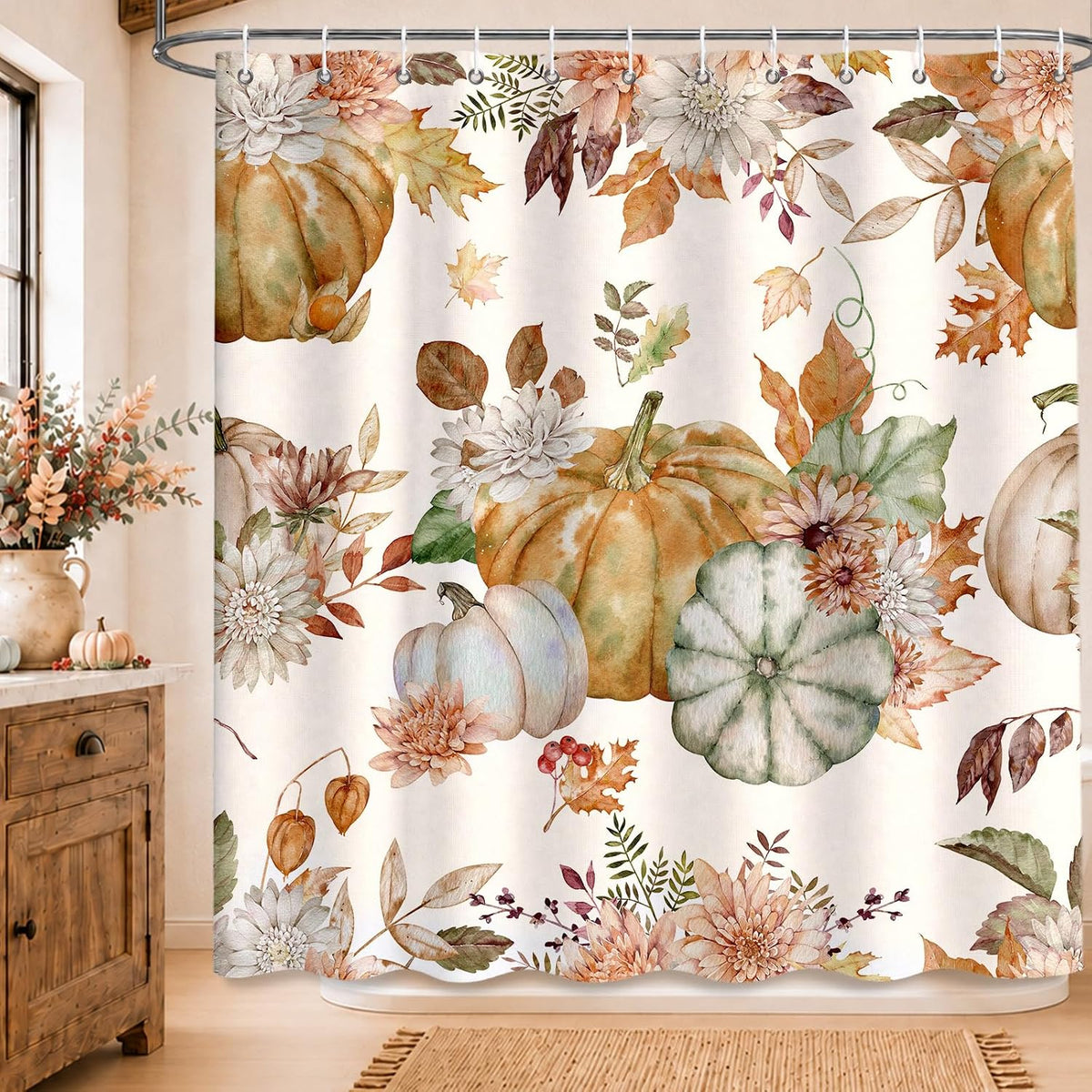 MEHOFOND Fall PumpkinsShower Curtain Autumn Watercolor Floral Bath Curtain