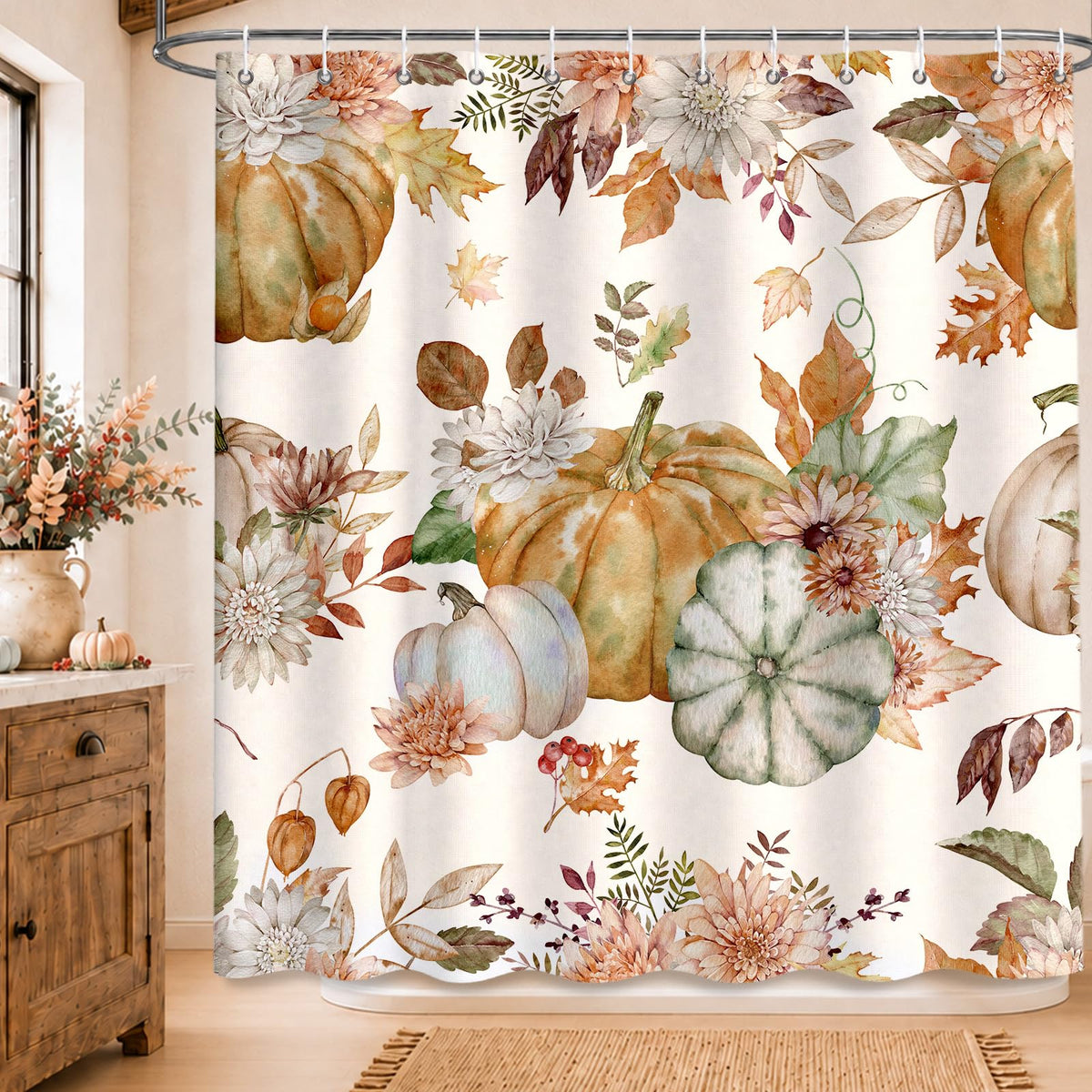 MEHOFOND Fall PumpkinsShower Curtain Autumn Watercolor Floral Bath Curtain