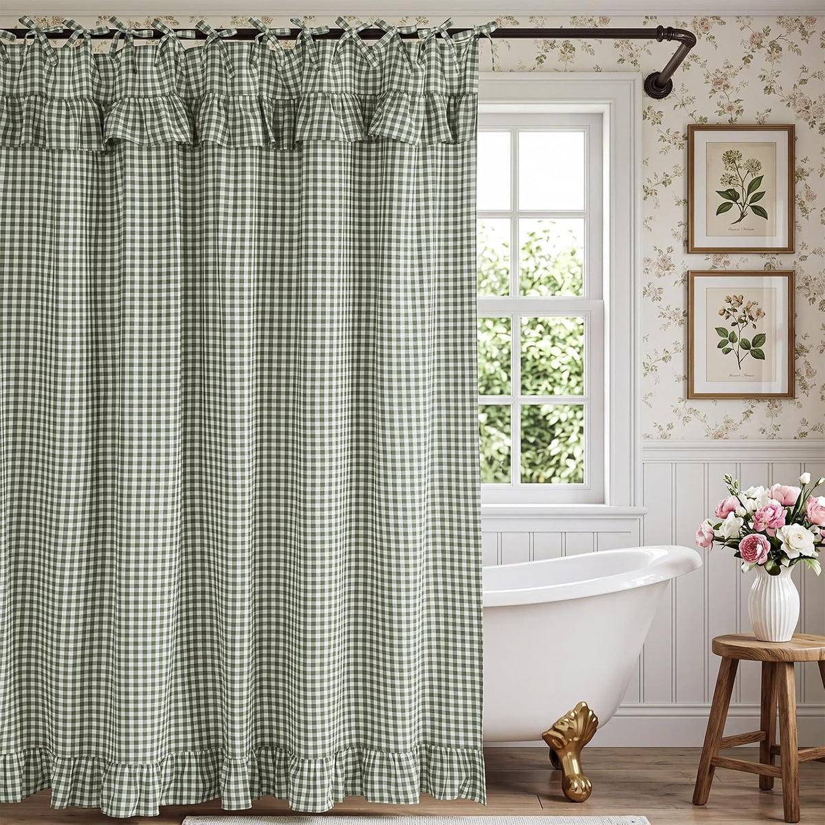 Sage Green Gingham Ruffle Shower Curtain 72x72 Cotton Fabric