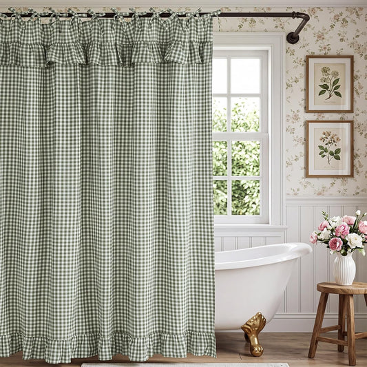 Sage Green Gingham Ruffle Shower Curtain 72x72 Cotton Fabric