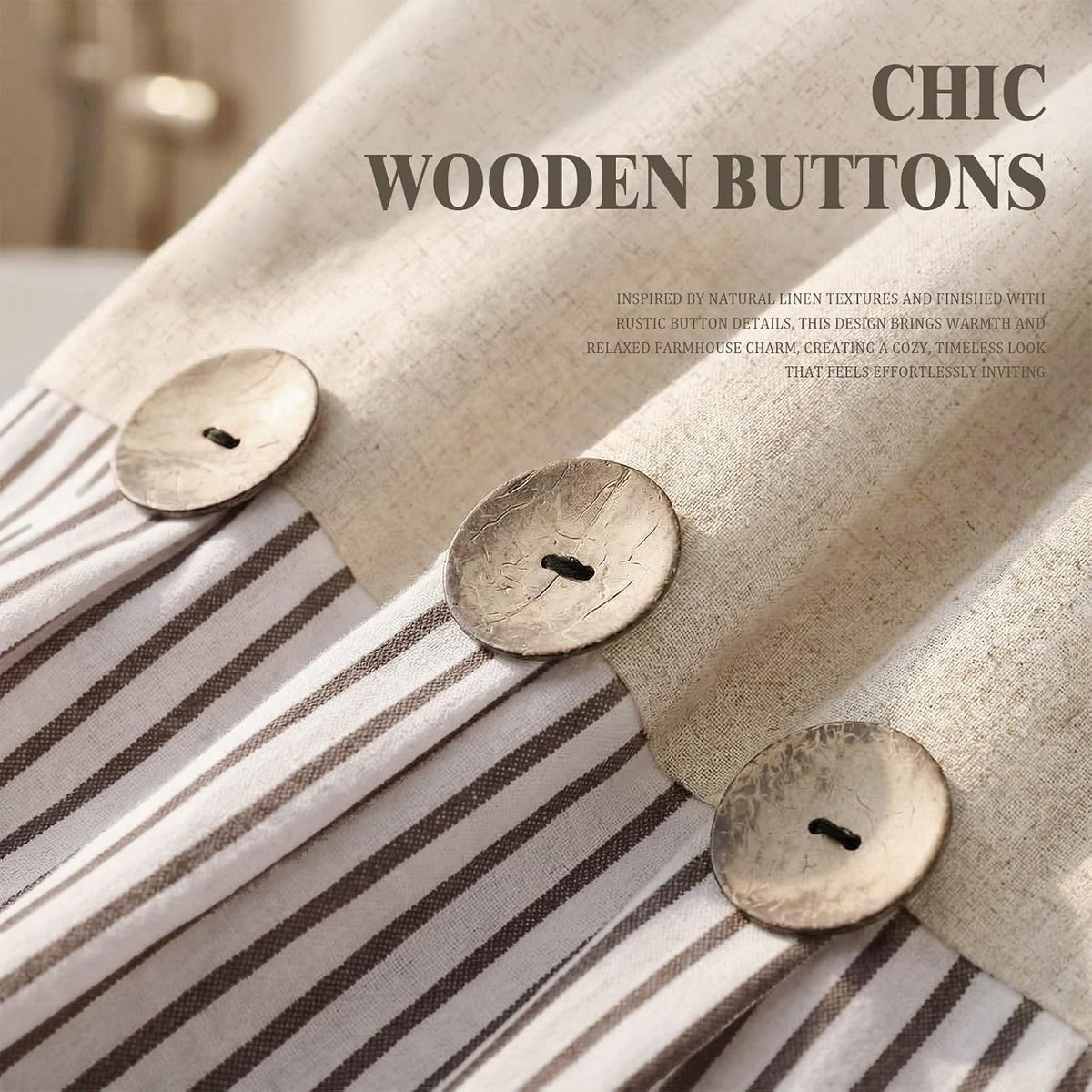 Farmhouse Shower Curtain Linen Beige Button Brown Stripe 72"W x 72"L