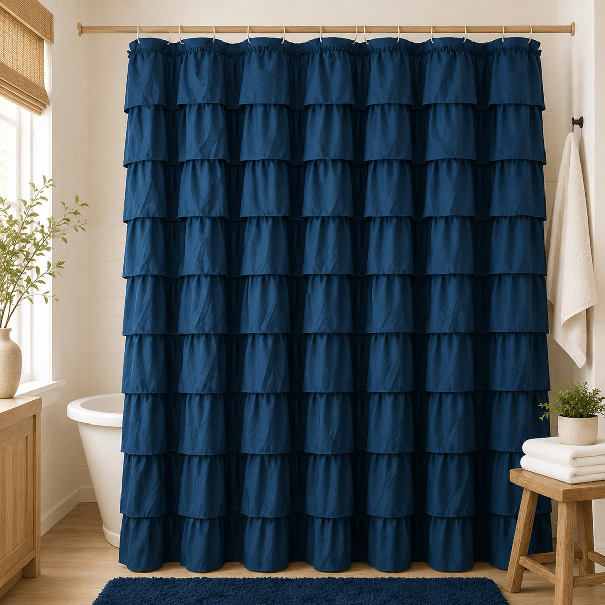 White Ruffle Shower Curtain for Bathroom,72 x 72 Inches, Farmhouse Style