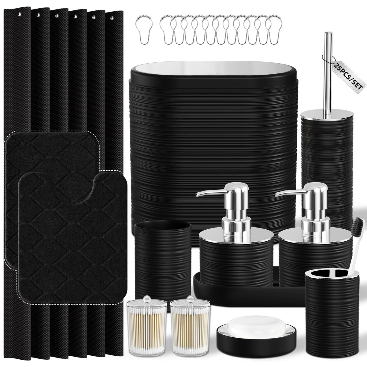 Bathroom Set, 10PC Bathroom Accessory Set, Black Bathroom Accessories, Black and Gold Bathroom Set with Trash Can, Soap Dispensers