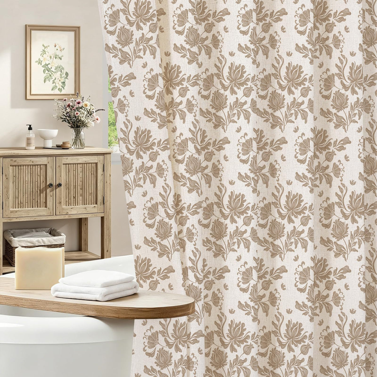 MitoVilla Sage Linen Farmhouse Shower Curtain, Vintage Boho Floral 72x72