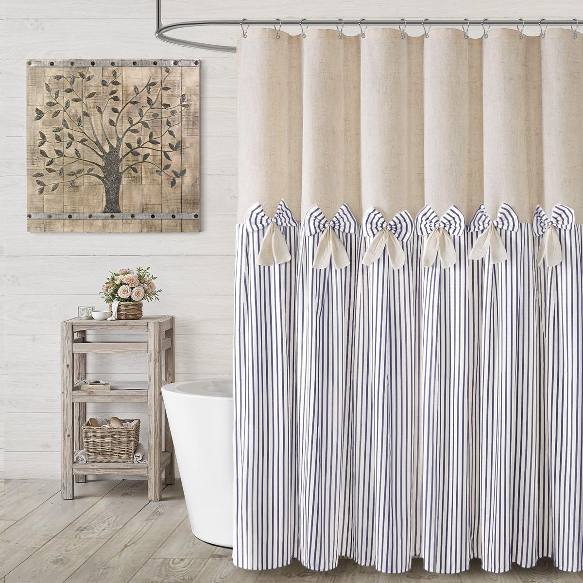 Farmhouse Shower Curtain Linen Beige Button Brown Stripe 72"W x 72"L