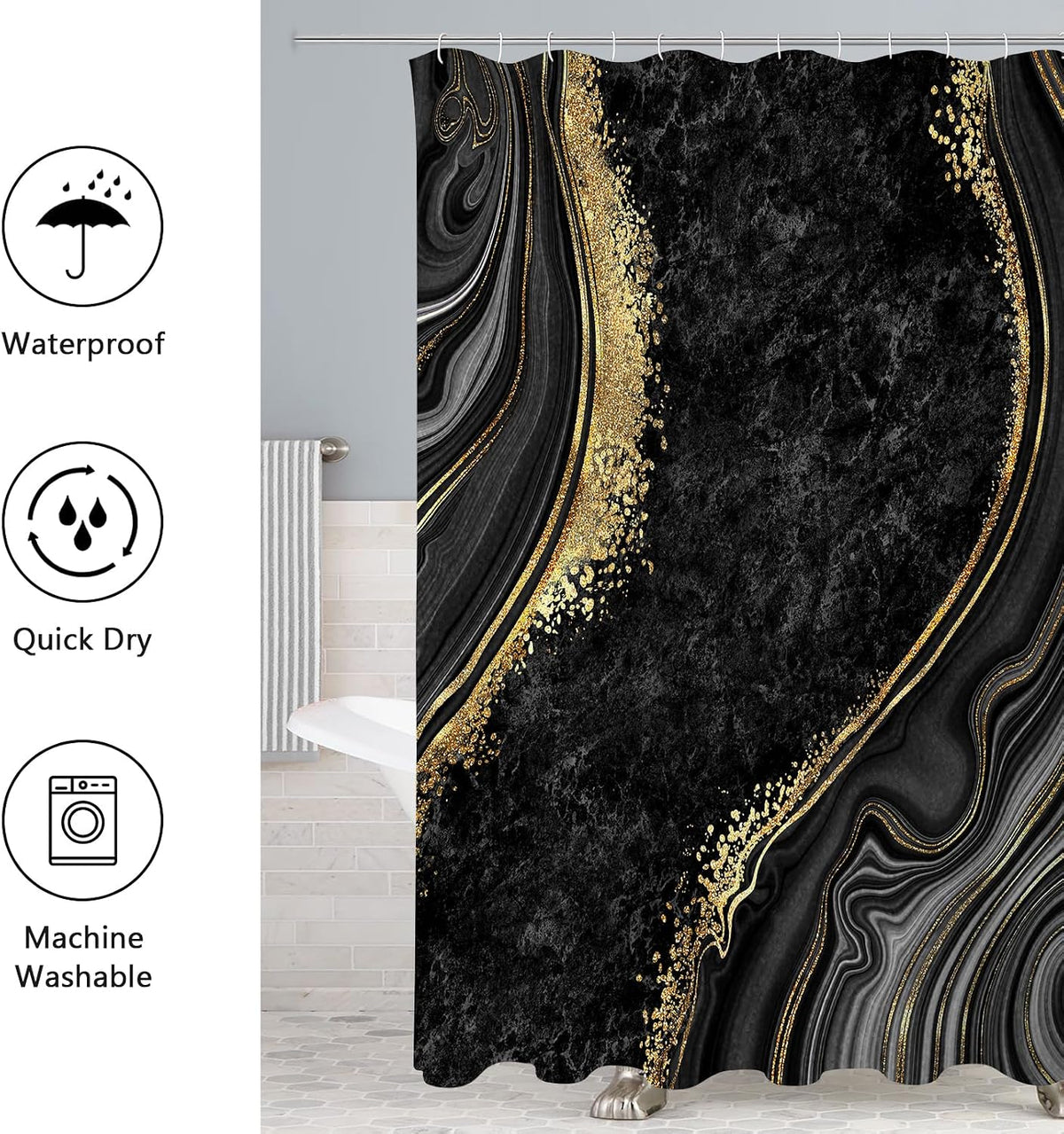 Gibelle 4 Pcs Luxury Marble Shower Curtain Set with Non-Slip Rugs, Toilet Lid Cover and Bath Mat, Black Gold Bathroom Decor Set with Shower Curtain and Rugs and Accessories