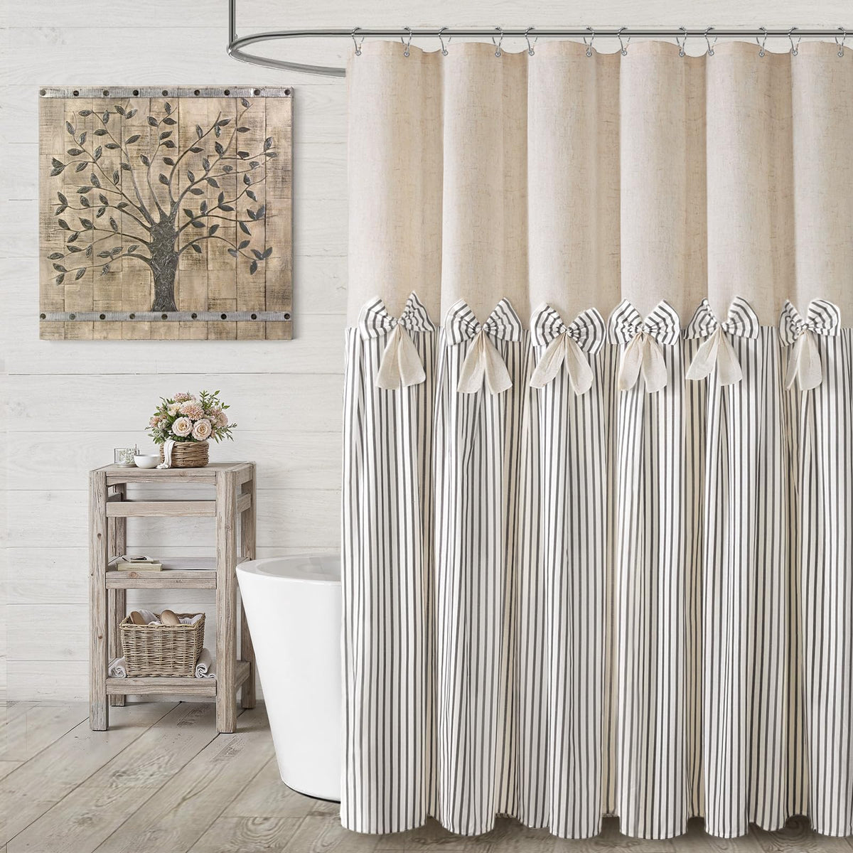 Farmhouse Shower Curtain Linen Beige Button Brown Stripe 72"W x 72"L