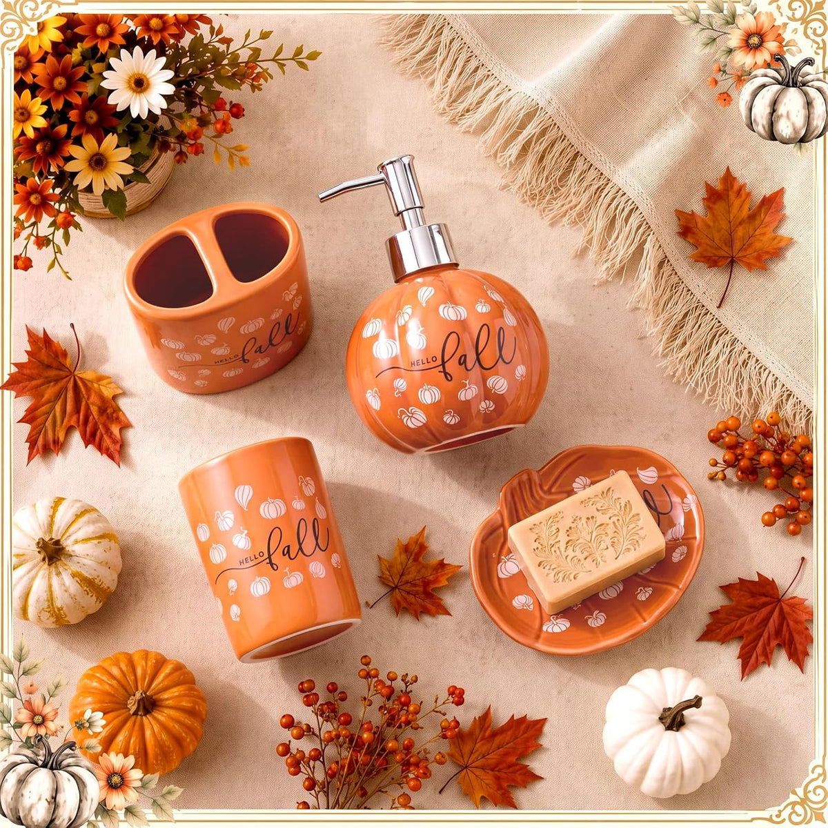 Domensi 4 Pcs Pumpkin Bathroom Ceramic Accessories Set Fall Bathroom Decor Include Lotion Dispenser Toothbrush Holder Tumbler Soap Dish for Home Bath Kitchen Decoration