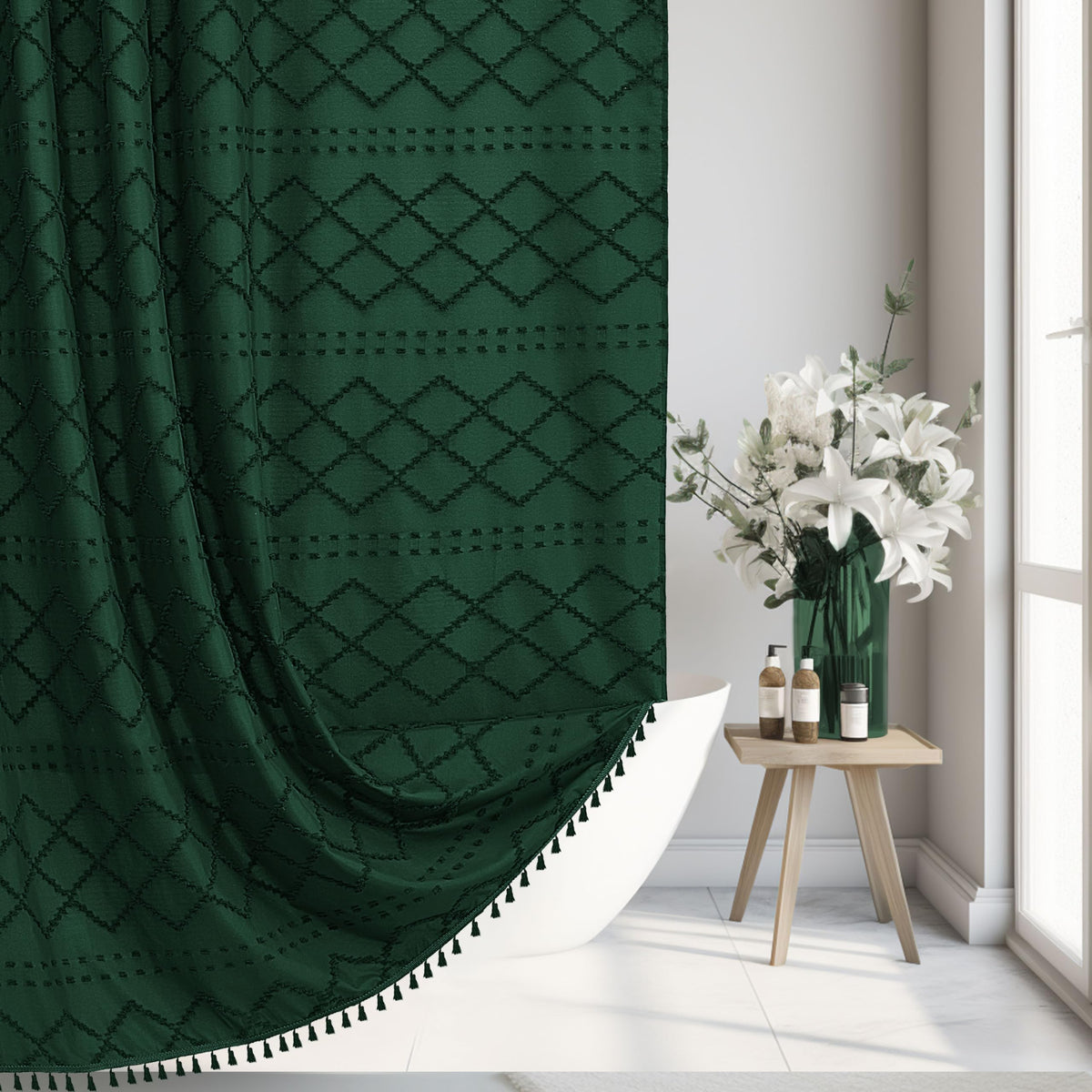 Siiluminisoy Sage Green Boho Shower Curtain Fabric Shower Curtain, 72 x 72 Tufted Chevron Textured Striped Modern Farmhouse Minimalist Cloth for Bathroom