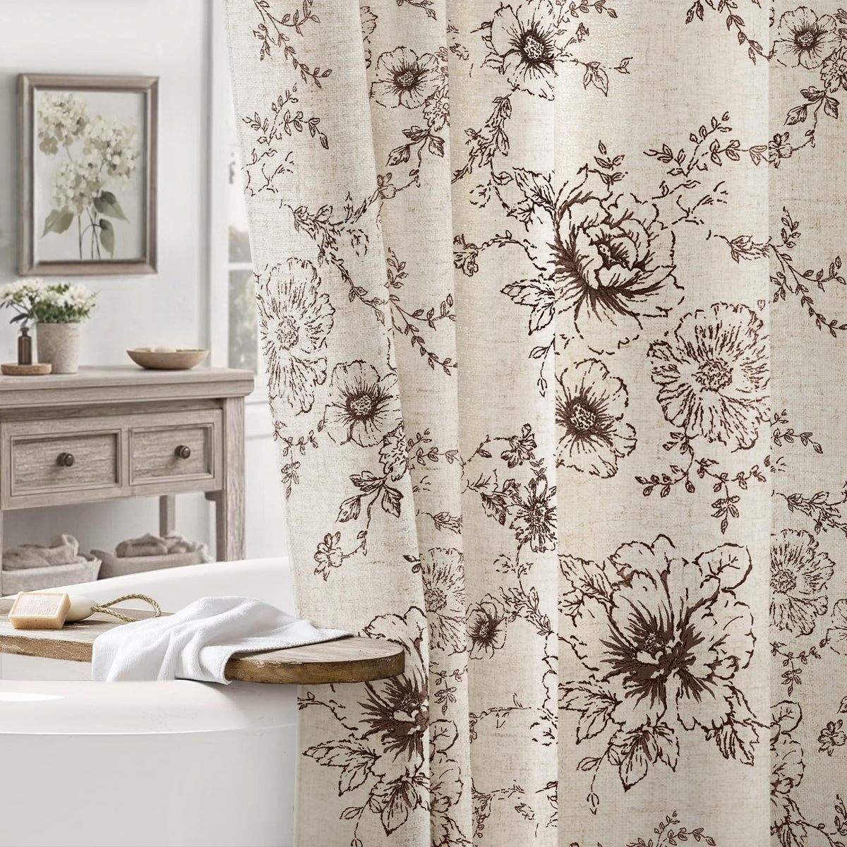 Farmhouse Floral Vintage Shower Curtain for Bathroom, Black and Tan Taupe