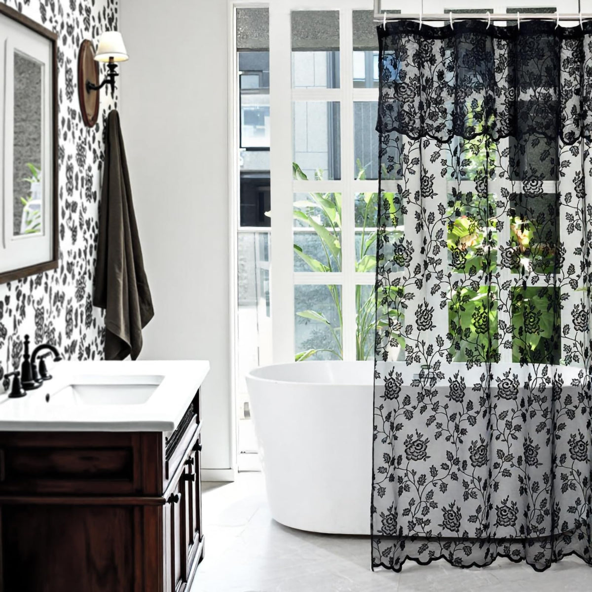 Black Lace Shower Curtain with Attached Valance, 72 x 72 Inch, 1 Panel