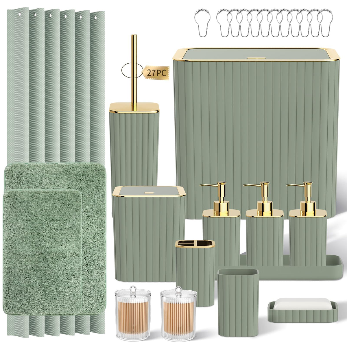 Bathroom Sets with Shower Curtain and Rugs - Elegant Bathroom Set, 27PC Bathroom Accessories Set, Green Bathroom Set, Mini Trash Can, Toilet Brush, Trash Can & Soap Dispenser