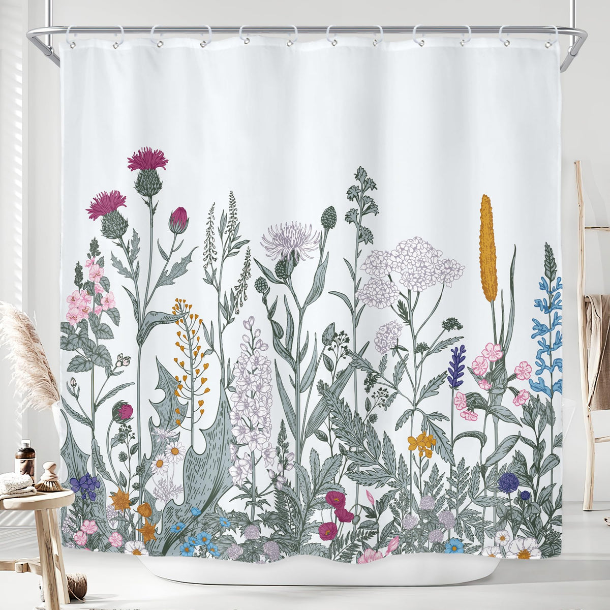 Sage Green Floral Wildflower Plant Herbs Nature Bathroom Shower Curtain Set