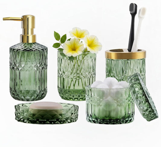 LaMarriti Green Bathroom Accessories Set, 6 Pcs Clear Glass Bathroom Set | Toothbrush Holder Set, Soap Dispenser, Soap Dish, Tumbler, Q-Tips Holder for Vintage Crystal Bathroom Decor, Gift Set