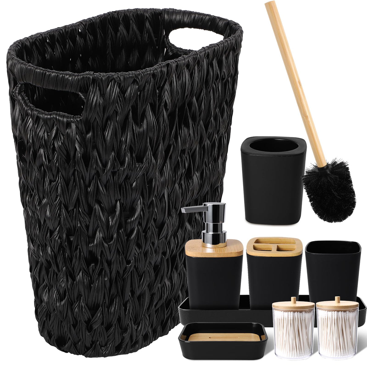 XLHOMO Bathroom Sets with Shower Curtain and Rugs,24PCS Black Bathroom Set Shower Curtain Set with Bathroom Trash Can Bathroom Accessories